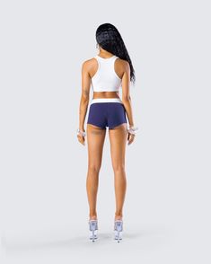 Being the hottest b*tch alive gets exhausting sometimes, don't forget to rest up 😏 This two-piece set featuring a white cropped tank paired with navy blue boy shorts is the perf look for some well deserved R&R 💙 Sporty Crop Top With Built-in Shorts, Sporty Crop Top With Built-in Shorts For Gym, Sporty Short Tank Top For Workout, White Workout Top, Short Length, White Workout Tops In Short Length, White Workout Tops Short Length, White Cropped Activewear For Summer, White Shorts For Cheerleading, White Short Length Workout Tops