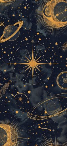 the stars and planets are in the sky with gold foil on black fabric, which is also