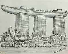 this is a drawing of the marina bay hotel and casino in singapore, drawn by hand