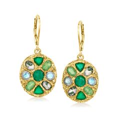 Ross-Simons - Multi-Gemstone Floral Drop Earrings in 18kt Gold Over Sterling. Boasting a lush palette of fresh green hues, these artsy drop earrings embrace floral inspiration. Featuring 1.30 ct. t. w. round emeralds, 3x5mm oval green agate, 3x5mm oval green aventurine, 4mm triangular green chalcedony and 4mm round gray labradorite. Finely crafted in textured and polished 18kt yellow gold over sterling silver. Hanging length is 1 3/8". Leverback, multi-gemstone floral drop earrings. Emerald birt Green Multi-stone Drop Earrings, Green Natural Stones Fusion Earrings, Green Fusion Earrings With Natural Stones, Fusion Green Earrings With Natural Stones, Green Natural Stone Fusion Earrings, Green Multi-stone Earrings For Anniversary, Green Emerald Multi-stone Earrings, Green Gemstone Accented Fine Jewelry Earrings, Green Gemstone Accents Fine Jewelry Earrings