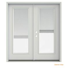 an exterior door with blinds on the side and two windows in each one, both closed