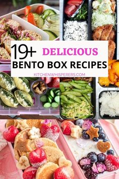 an assortment of bento box lunches with the words 19 delicious bento box recipes