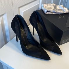 Brand New, Giuseppe Zanotti Size 39.5 Black Suede And Mesh High Heel, Pointed Toe Style Stiletto. Condition: Pristine, Never Worn, Includes Original Box, Dust Bag And Authenticity Card Suede Court Shoes For Evening, Evening Court Shoes With Reinforced Open Heel, Designer Suede Heels For Office, Designer High Heel Shoes For Workwear, Designer High Heels For Workwear, Chic Party Court Shoes With Reinforced Heel, Party Court Shoes With Reinforced Open Heel, Chic Party Court Shoes, Luxury Pointed Toe Evening Heels