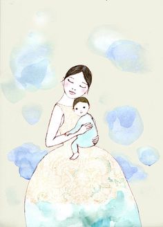 a drawing of a woman holding a baby in her arms