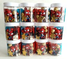 a stack of plastic cups with spiderman decorations on them