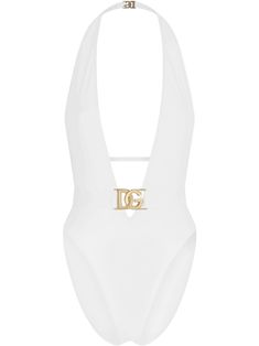 optical white gold-tone logo plaque halterneck plunge style cut-out detailing Be mindful to try on swimwear over your own garments. Luxury Elegant Nude Swimwear, Chanel 2 Piece Swimsuit, Bachlorette Party Bathing Suits, Bridal Party Swim Suits, Luxury White Swimwear, Bathing Suits For Bride, Gucci Bathing Suits, Chanel Swimsuits, White Swimsuit Outfit