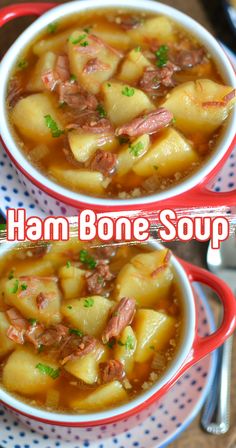 two bowls filled with ham bone soup on top of a table