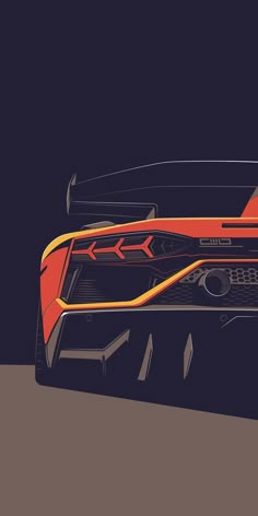 an orange and black sports car is shown in this artistic illustration, it appears to be from the side