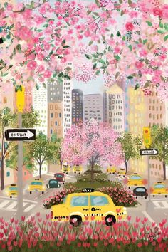 a yellow taxi driving down a street next to tall buildings covered in pink and white flowers