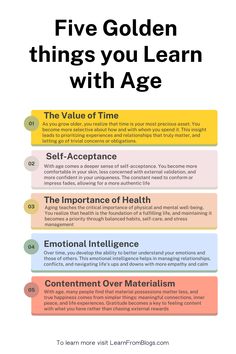 the five golden things you learn with age info sheet for kids and adults to learn