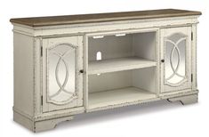 an old fashioned white entertainment center with wood top and glass doors, in front of a white background