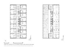 the floor plan for an apartment building with two levels and three floors, each in different sections