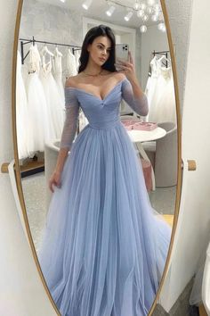 Tulle Long Prom Dress, Long Sleeve Bridesmaid Dress, A Line Evening Dress, Long Sleeve Prom, Blue Tulle, Long Sleeve Evening Dresses, فستان سهرة, Grad Dresses, Prom Dresses With Sleeves