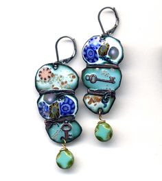 Turquoise White Key Love Letters Enamel Stainless Steel Earrings Handmade Enamelled jewelry by Annaart72 material stainless steel  (aka surgical)  lever back ear wire Czech glass beads handmade enamel bees charms 0.5" by 1.25", enamel on copper charms, unique and pretty pattern Your one of a kind enamel earrings will come in a gift box Earrings are 2.25" long For more unique enamel earring please check this link https://www.etsy.com/shop/Annaart72/search?search_query=enamel&order=date_desc&view_ Blue Enamel Dangle Jewelry, Handmade Enamel Dangle Jewelry, Artsy Nickel-free Turquoise Earrings, Artsy Turquoise Nickel-free Earrings, Artistic Turquoise Jewelry With Matching Earrings, Adjustable Turquoise Enamel Jewelry, Whimsical Turquoise Nickel-free Earrings, Whimsical Enamel Jewelry For Jewelry Making, Unique Turquoise Drop Earrings