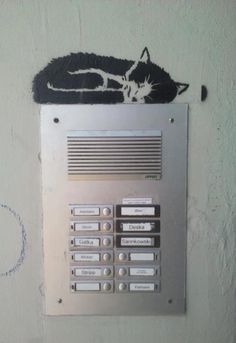 a wall mounted phone with a cat on it's face painted on the side