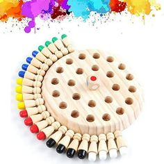 the wooden peg board is filled with colored markers