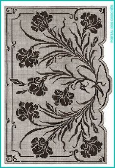 a cross stitch pattern with flowers and leaves on the border, in black and white