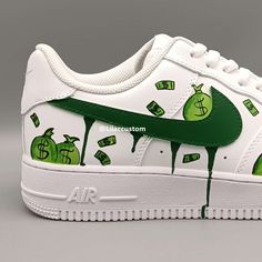 The Nike Air Force 1 Dollar Green Custom features a unique and eye-catching dollar green design that will make you stand out in any crowd. With its signature Nike Air cushioning, these shoes provide all-day comfort and support for any activity. Elevate your style and performance with these custom kicks. ★ Brand new with box ★ Each pair is unique and one of a kind ★ Each pair is personally handmade, painted with high quality Angelus. ★ Leather acrylic paint. Topped with a clear coat for extra pro Green Custom Sneakers With Boost Midsole For Streetwear, Green Nike Air Force 1 For Streetwear, Custom Kicks, Air Force 1 Custom, 1 Dollar, Custom Air Force 1, Custom Nikes, Custom Sneakers, Clear Coat