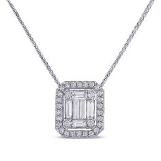 A stunning piece to wear on your neck featuring invisible set emerald cut diamonds with complimenting halo of round cut natural diamonds. This setting can serve as a wedding present, anniversary gift or just to say I love you!    
This is a custom made to order item and can be modified to fit your needs. Please contact us for modifications or special sizing options.       MAIN GEM: Diamonds 
  ACCENT STONES: Diamonds 
  ADDITIONAL INFORMATION 
 Metal: White Gold 
Size: 16" 18" adjustable Chain 
Style #: PN155 
 Additional Information: Center stone can be larger or smaller to fit your needs. Emerald Pendants, Fall Rings, 3 Carat Diamond, Beautiful Diamond Rings, Gem Diamonds, Halo Style, Wedding Present, Information Center, Emerald Pendant