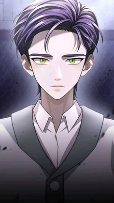 an anime character with purple hair and green eyes, wearing a white collared shirt