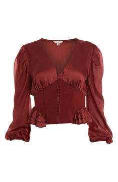 Graceful, crinkled fabric comprises the top of this lovely Empire-waist blouse fashioned with a hook-and-eye front closure and billowy sleeves. V-neck Long sleeves 100% polyester Hand wash, dry flat Imported Empire Waist Blouse, Theatrical Romantic Tops, Body Type Clothes, Long Sleeve Corset, Crinkled Fabric, Corset Blouse, Romantic Tops, Theatrical Romantic, Billowy Sleeves