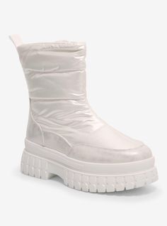 It's giving snow angel. Get ready for winter with these trendy white boots  featuring a white puffer upper design  contrast faux leather framing and thick rubber soles.Listed in women's sizes.Platform: 1 12"Synthetic upper; rubber soleImported White Casual Boots For Cold Weather, Casual White Boots For Cold Weather, White Waterproof Winter Boots, White Synthetic Platform Boots For Winter, Casual White Boots For Winter Sports, White Insulated Winter Boots, White Boots For Winter Sports, Trendy White Outdoor Boots, Trendy White Boots For Outdoor