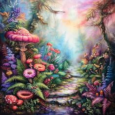 a painting of a forest with mushrooms and plants