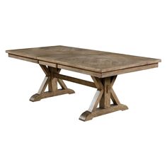 a wooden table with two crossed legs