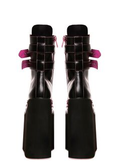 cuz once you do a double-cross, you gotta be ready to fight! These gnarly platform boots feature a sleek black vegan leather construction, ultra high double stacked wedge heel and platform with cutout tread, contrast lace up closures, pink hardware, and side zip closures. Black Punk Platform Boots With Grommets, Punk High-top Platform Boots In Synthetic Material, Black High-top Spiked Platform Boots, Black And Pink Platform Boots, Gothic High-top Platform Boots With Rivets, 90s Platform Shoes, Tripp Nyc, Windsor Smith, Lace Up Leggings