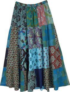 Bohemian and chic, this patchwork skirt truly stands out. With its assorted patchwork pieced together, mostly consisting of floral, animal prints, leaf prints, or virtually any kind of print - and then overdyed in blue, the skirt looks very unique. #tlb #Patchwork #XLPlus #Printed #bohemianfashion #Indian #BohemianPatchworkSkirt Wrap Around Skirts, Patchwork Skirts, Upcycled Skirt, Bridesmaids Outfits, Bohemian Skirts, Skirt Patchwork, Skirts Wrap, Steampunk Skirt, Classy Skirts