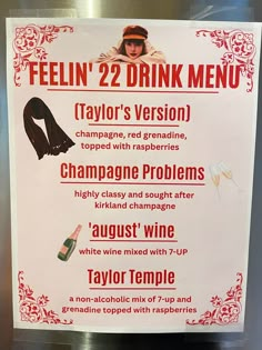 a sign that is attached to the side of a refrigerator saying it's two drink menu