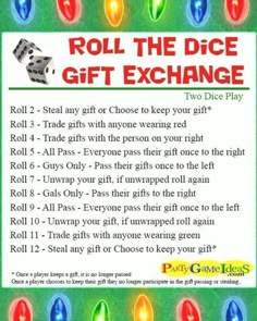 the roll the dice gift exchange game is shown in red, white and green lights