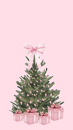 a small christmas tree with pink bows and presents under it, on a pink background