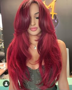 Red Hair Color With Highlights Balayage, Red Hair With Extensions, Red Extensions Hair, Red Hair Blowout, Red Hair Long Layers, Red Hair Inspo Color, Red Layered Hair, Scarlet Red Hair, Magenta Red Hair