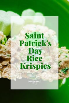 saint patrick's day rice krispies on a green plate with text overlay