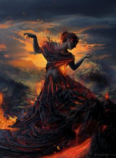 a woman in a dress on fire with her hand up to the sky and clouds behind her