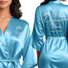 Step into your Quinceañera celebration in style with our Personalized Satin Quinceañera Robe. Crafted for your special day, this personalized Quinceañera robe exudes luxury and elegance. Ideal for getting ready moments and capturing unforgettable photos, it features beautiful glitter and regular text color options to match your Quinceañera party. Perfect for your Quince birthday, our personalized robe is a symbol of sophistication and grace as you embark on this milestone journey. Make your Mis Custom Robes, Personalized Robe, Quinceanera Party, Womens Robes, Toddler Sizes, Ocean Blue, How To Feel Beautiful, Quince, Quinceanera