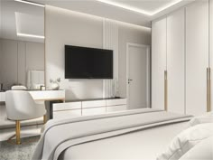 a bedroom with white furniture and a flat screen tv mounted on the wall above the bed