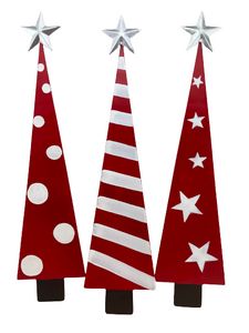 three red and white christmas trees with stars on them