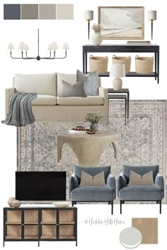 Coastal living room decor mood board with beige, blue and black tones throughout! This living room inspiration would be beautiful in a beach house or a lake home Havenly Living Room, Navy Living Rooms, Living Room Color Schemes, Transitional Living Rooms, Neutral Living Room, Coastal Living Room, Blue Living Room, Living Room Grey