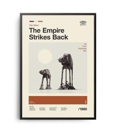 the empire strikes back poster is shown in black frame with an orange and white background