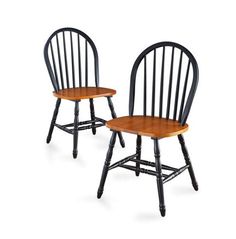 two black and wood chairs with wooden seat pads on each side, against a white background