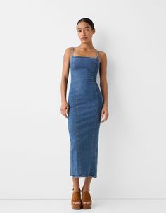 Long strappy denim dress. Available in blue, light blue. Long Denim Dress, Strapless Denim Dress, Bodysuits And Jeans, Blue Denim Dress, Denim Maxi Dress, Womens Denim Dress, Strappy Dresses, Jumpsuit Trousers, Light Blue Denim