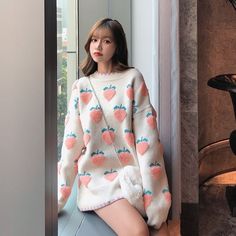 Harajuku Kawaii Fashion Peach Strawberry Winter Knit Sweater SIZE INFO One Size - Bust 104cm/40.9", Length 65cm/25.6" NOTE: DUE TO VERY HIGH DEMAND, PLEASE ALLOW 12-20 DAYS FOR DELIVERY TO THE US, AND 20-45 DAYS TO THE REST OF THE WORLD. Oversized Kawaii Long Sleeve Sweater, Cute Oversized Sweater For Spring, Cute Cream Long Sleeve Sweater, Kawaii Long Sleeve Knitted Sweater, Harajuku Style Pink Sweater For Spring, Kawaii Knitted Long Sleeve Sweater, Cute Beige Sweater For Spring, Kawaii Knit Sweater For Fall, Kawaii Spring Sweater