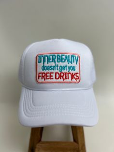 Beautify your outfit with our Inner Beauty Trucker Cap, available in 2 colors! Show off your unique style and add some edge to your look. Protect your face from the sun while turning heads with this quirky accessory. Love yourself, inside and out! Trendy Baseball Cap With Uv Protection, Trendy Trucker Hat With Uv Protection Snapback, White Fun Hat With Uv Protection, Fun White Hats With Uv Protection, Trendy Snapback Trucker Hat With Uv Protection, Fun White Hat With Uv Protection, Trendy Trucker Hat With Uv Protection, Trendy White Snapback Hat, Fun White Baseball Cap For Streetwear