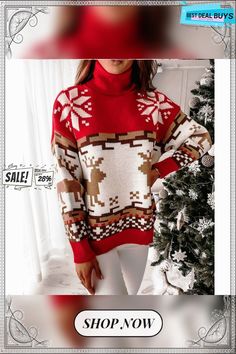 Loose Christmas Winter Turtleneck Elk Knitted Sweater Fall Nordic Knit Tops, Nordic Knit Tops For Fall, Nordic Style Knitted Tops For Fall, Holiday Long Sleeve Knitted Sweater, Nordic Knit Tops For Winter, Long Sleeve Knitted Holiday Sweater, Knitted Long Sleeve Holiday Sweater, Nordic Style Knit Tops For Winter, Casual Winter Fair Isle Pattern Top