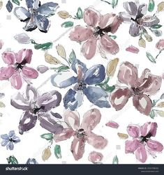 watercolor flowers on white background with pink, blue and green leaves in the center