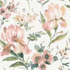 watercolor floral wallpaper with pink flowers and green leaves