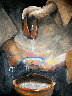 a painting of someone holding their hands over a bowl with water coming out of it