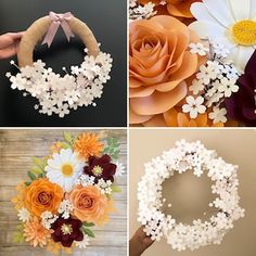 four different types of paper flowers and wreaths